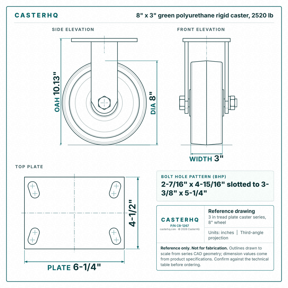8 x 3 in green polyurethane rigid caster reference drawing, side, front and top plate views with dimensions