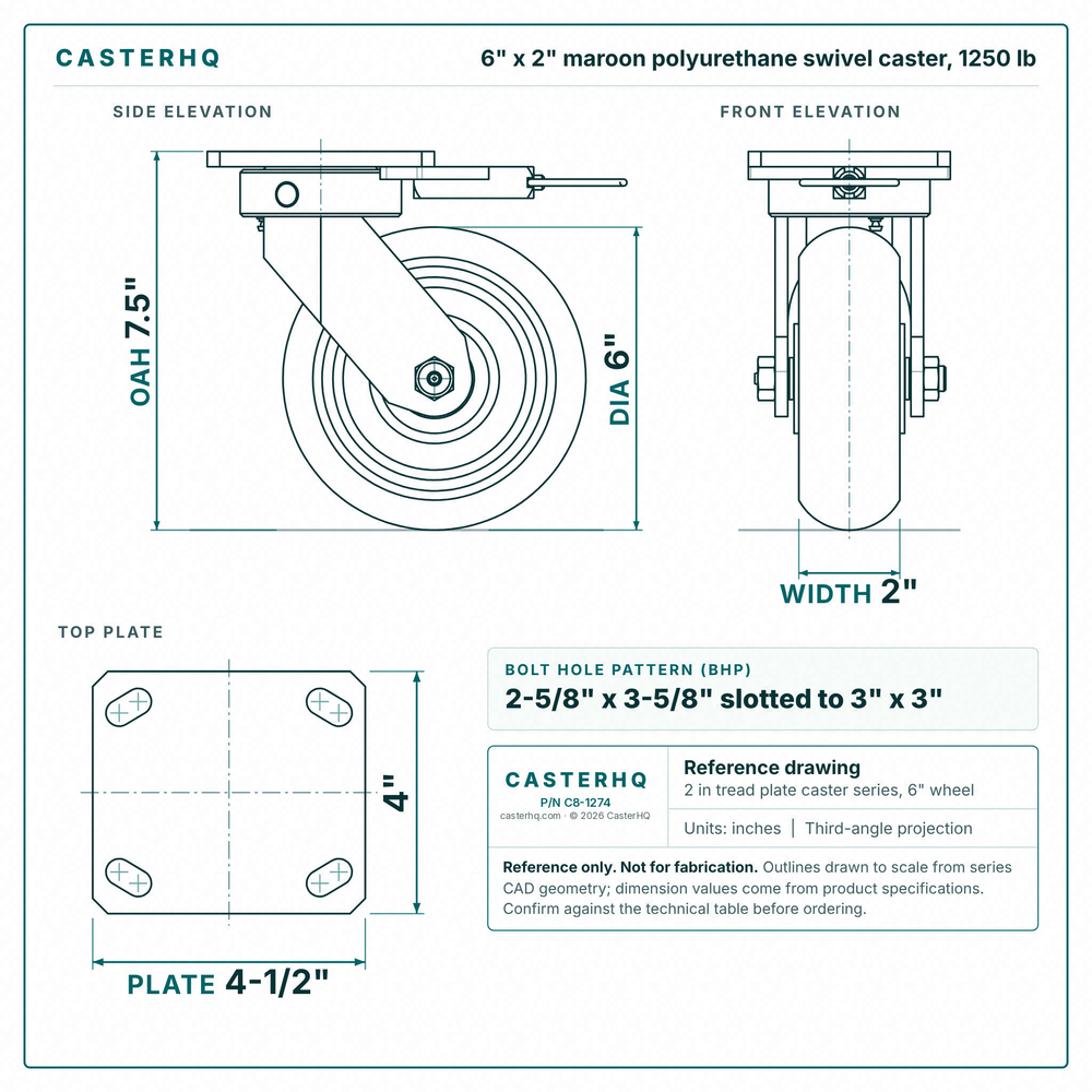 6 x 2 in maroon polyurethane swivel caster reference drawing, side, front and top plate views with dimensions