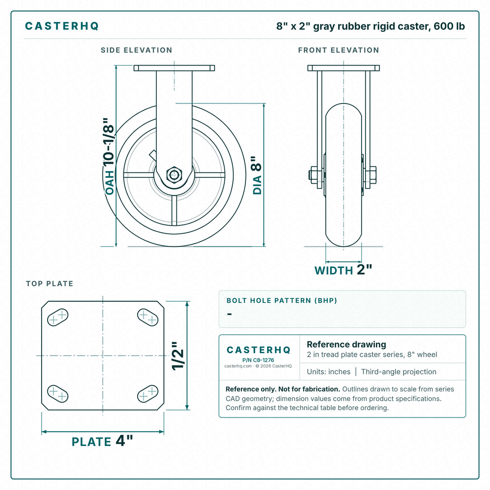 8 x 2 in gray rubber rigid caster reference drawing, side, front and top plate views with dimensions