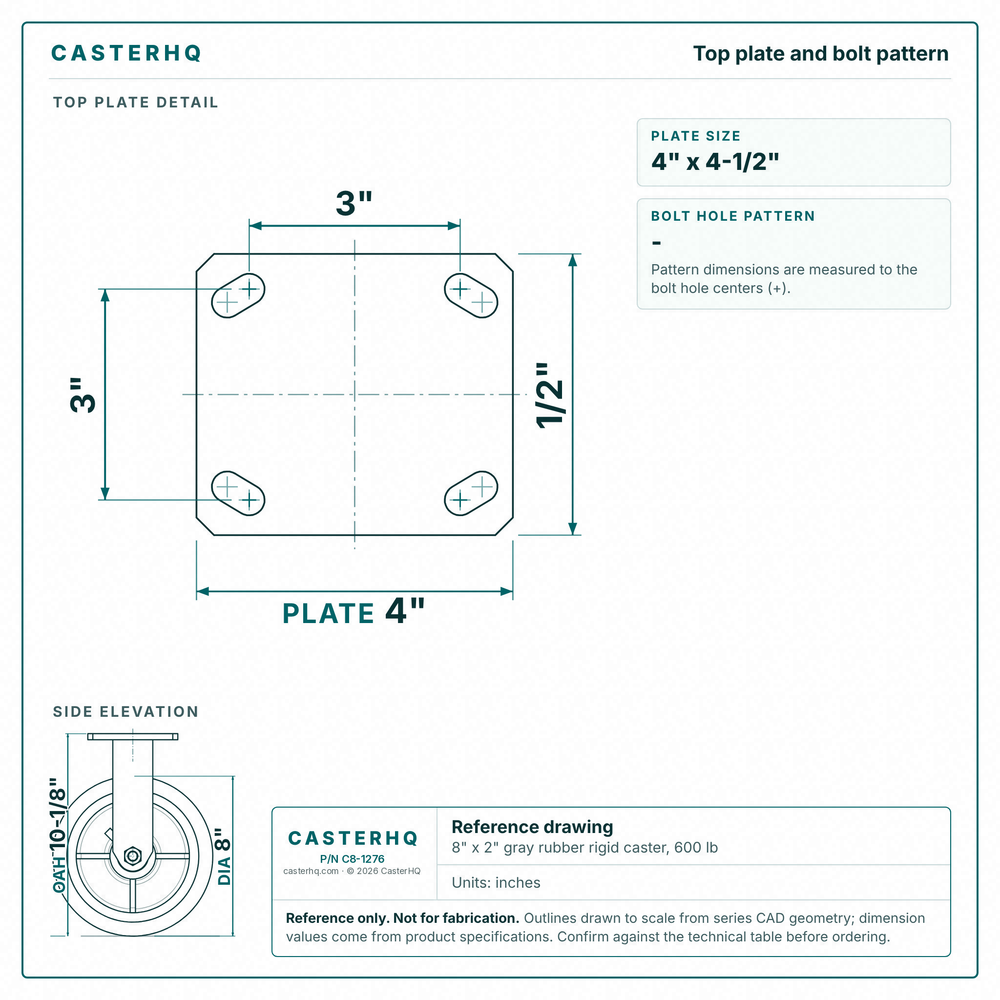 Top plate bolt pattern drawing, ["1/2\" x 4\""] plate