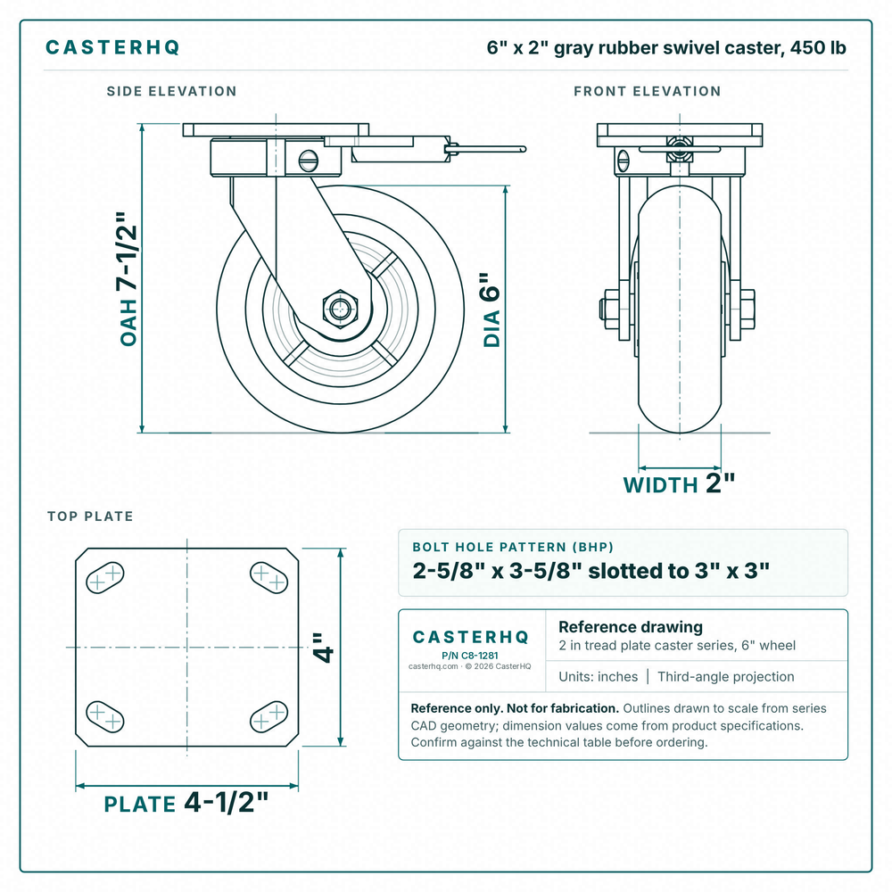 6 x 2 in gray rubber swivel caster reference drawing, side, front and top plate views with dimensions