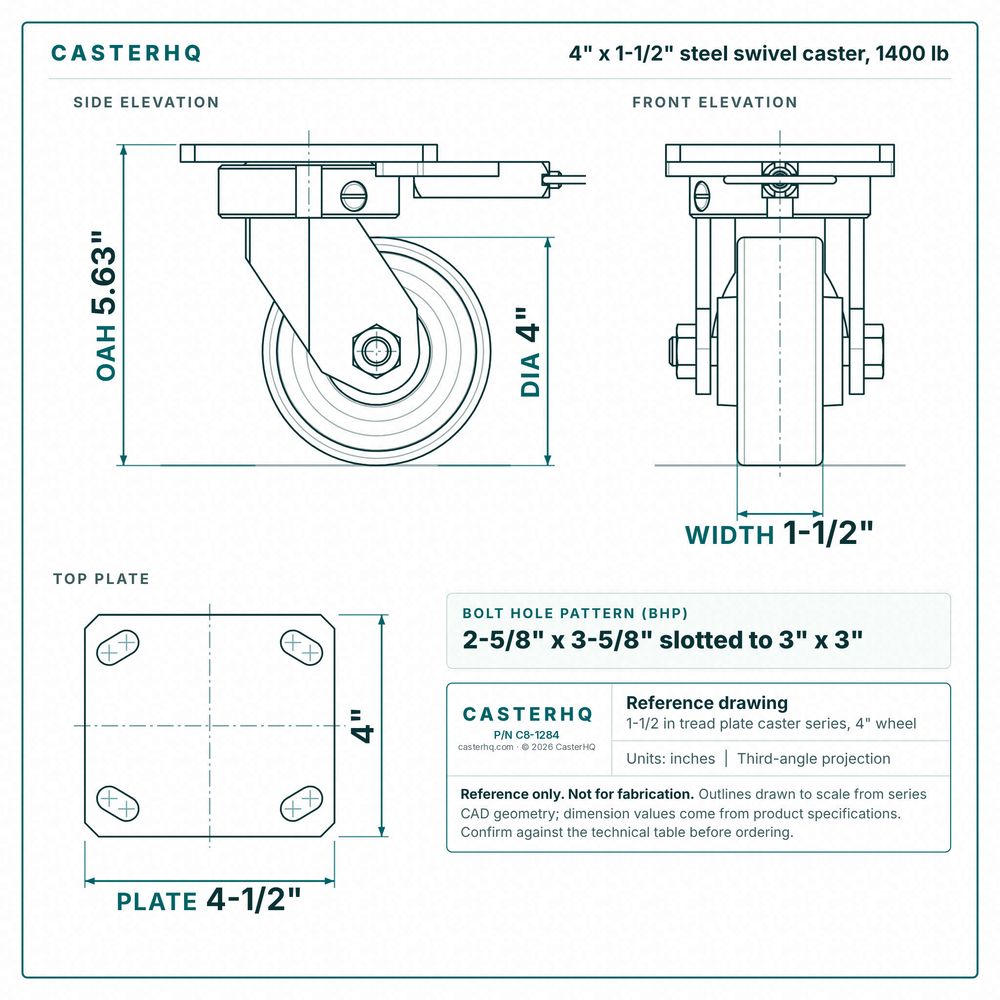4 x 1-1/2 in steel swivel caster reference drawing, side, front and top plate views with dimensions