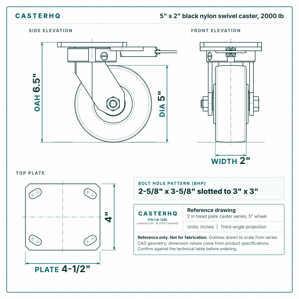 5 x 2 in black nylon swivel caster reference drawing, side, front and top plate views with dimensions