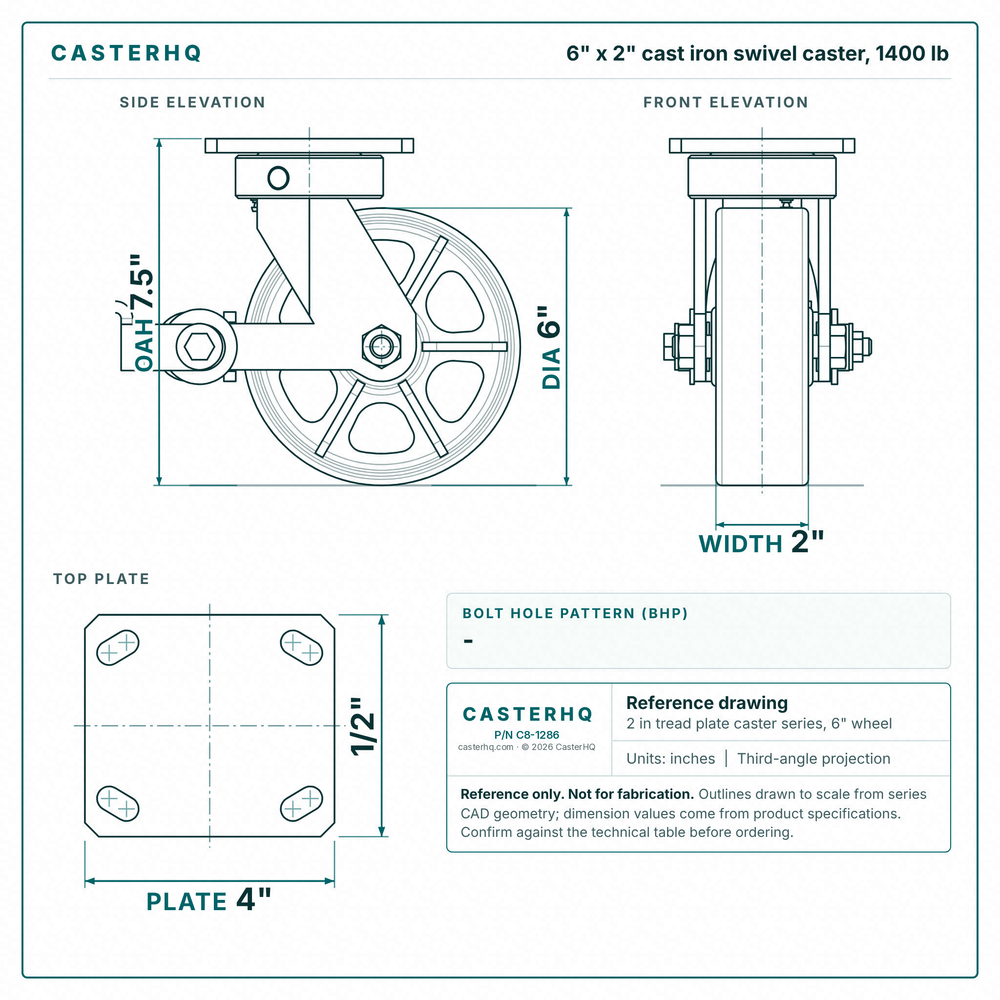 6 x 2 in cast iron swivel caster reference drawing, side, front and top plate views with dimensions