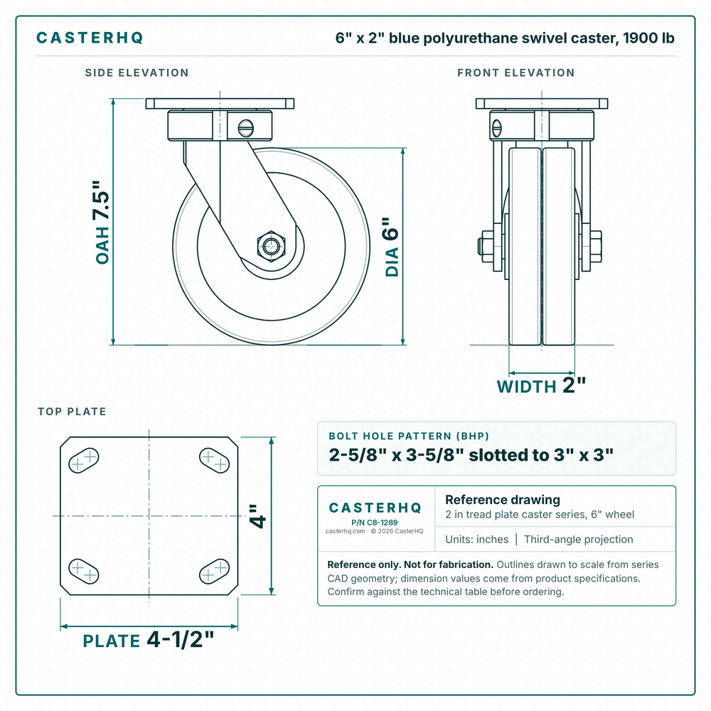 6 x 2 in blue polyurethane swivel caster reference drawing, side, front and top plate views with dimensions