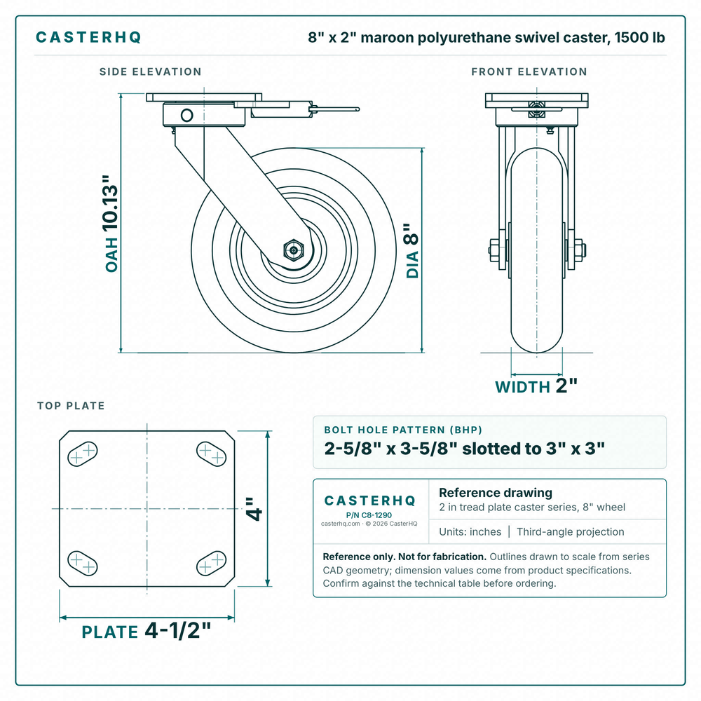 8 x 2 in maroon polyurethane swivel caster reference drawing, side, front and top plate views with dimensions