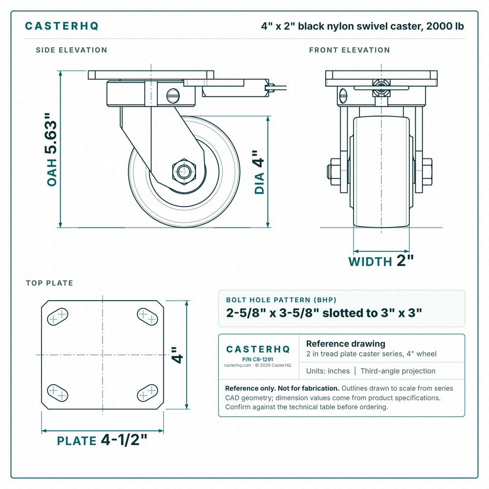 4 x 2 in black nylon swivel caster reference drawing, side, front and top plate views with dimensions
