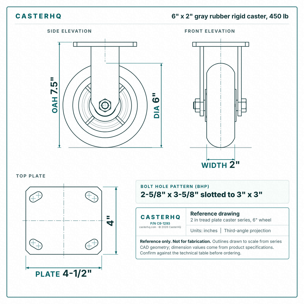 6 x 2 in gray rubber rigid caster reference drawing, side, front and top plate views with dimensions
