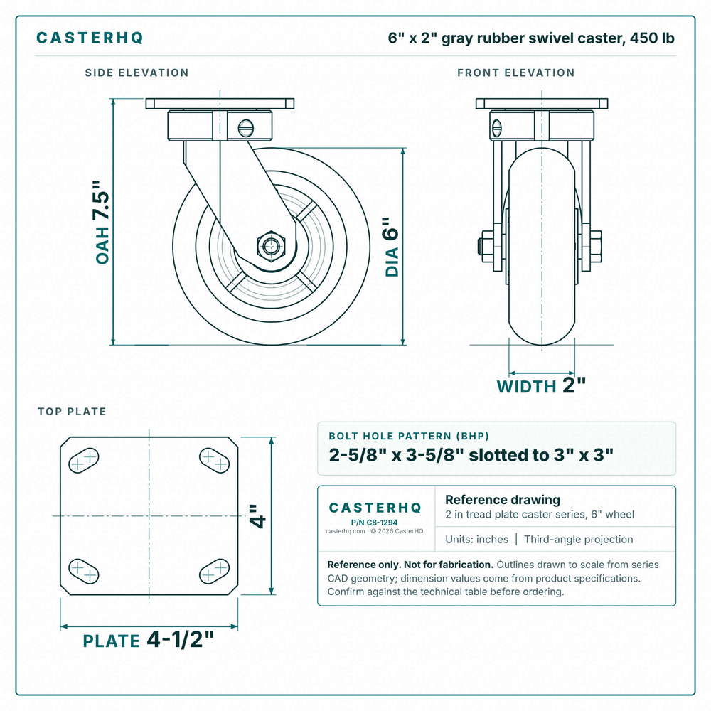 6 x 2 in gray rubber swivel caster reference drawing, side, front and top plate views with dimensions