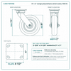 8 x 2 in orange polyurethane swivel caster reference drawing, side, front and top plate views with dimensions