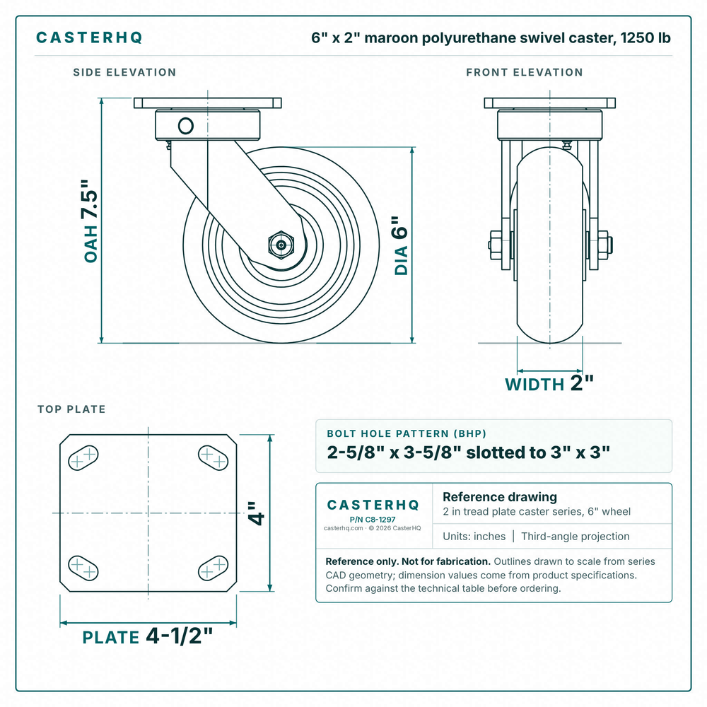 6 x 2 in maroon polyurethane swivel caster reference drawing, side, front and top plate views with dimensions