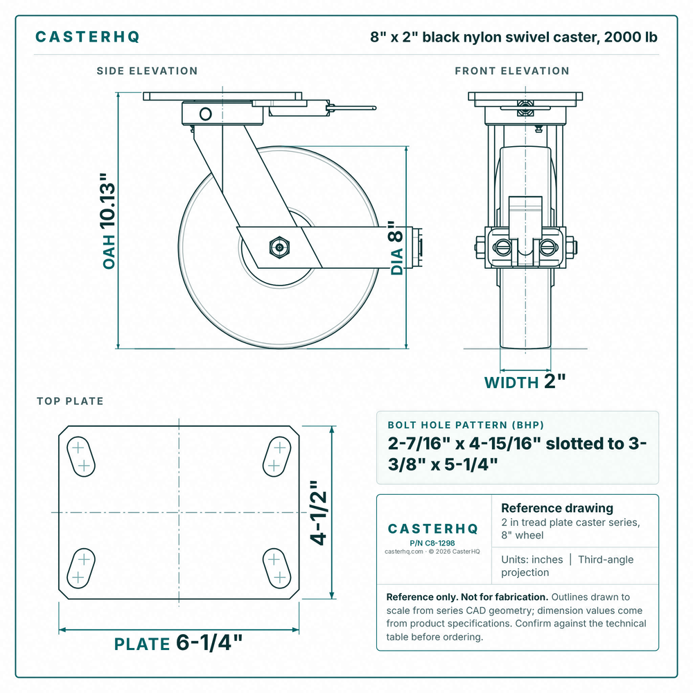 8 x 2 in black nylon swivel caster reference drawing, side, front and top plate views with dimensions