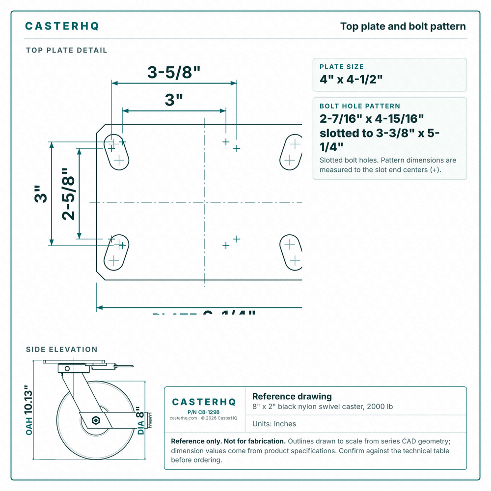 Top plate bolt pattern drawing, ["4-1/2\" x 6-1/4\""] plate, slotted bolt holes