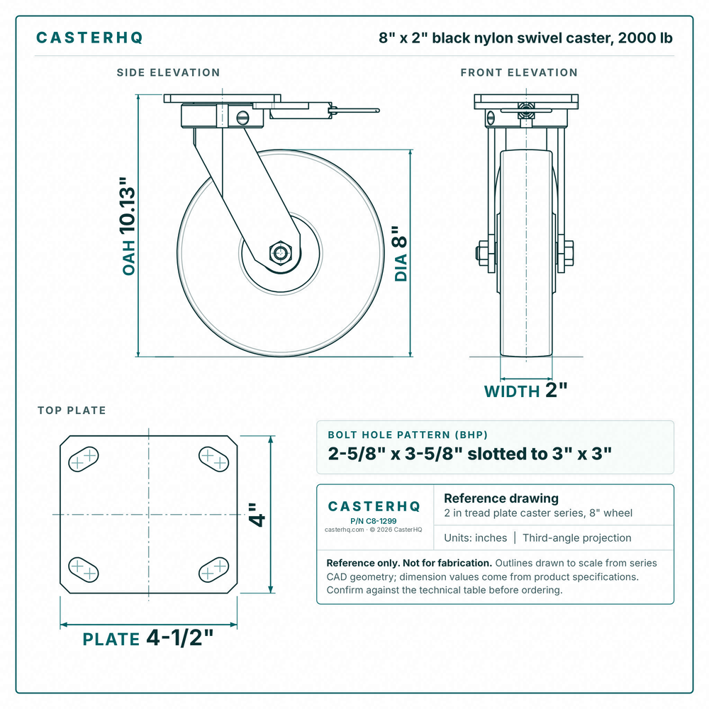 8 x 2 in black nylon swivel caster reference drawing, side, front and top plate views with dimensions