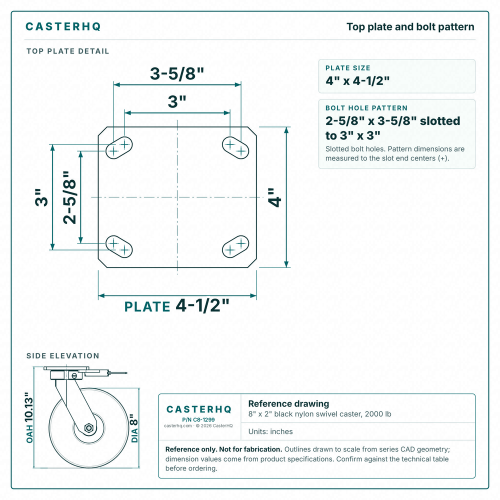Top plate bolt pattern drawing, ["4\" x 4-1/2\""] plate, slotted bolt holes