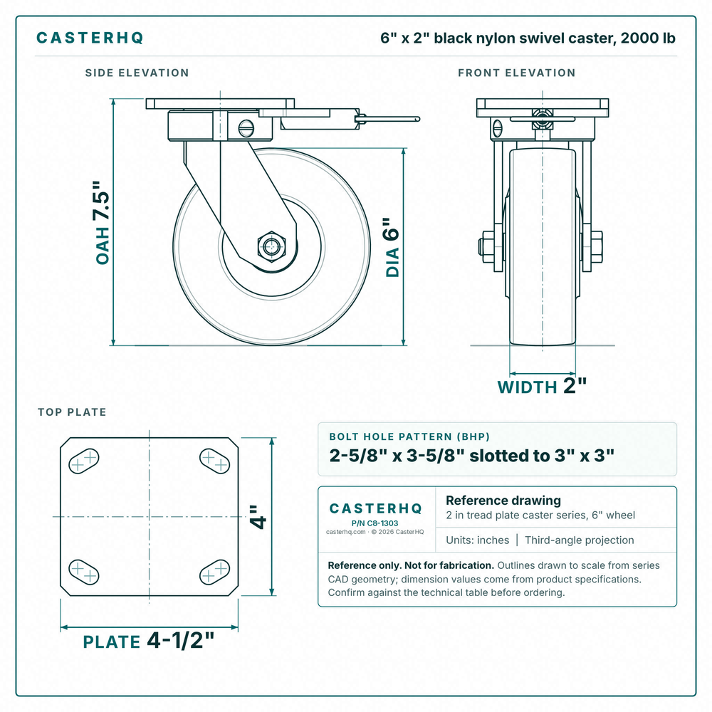 6 x 2 in black nylon swivel caster reference drawing, side, front and top plate views with dimensions