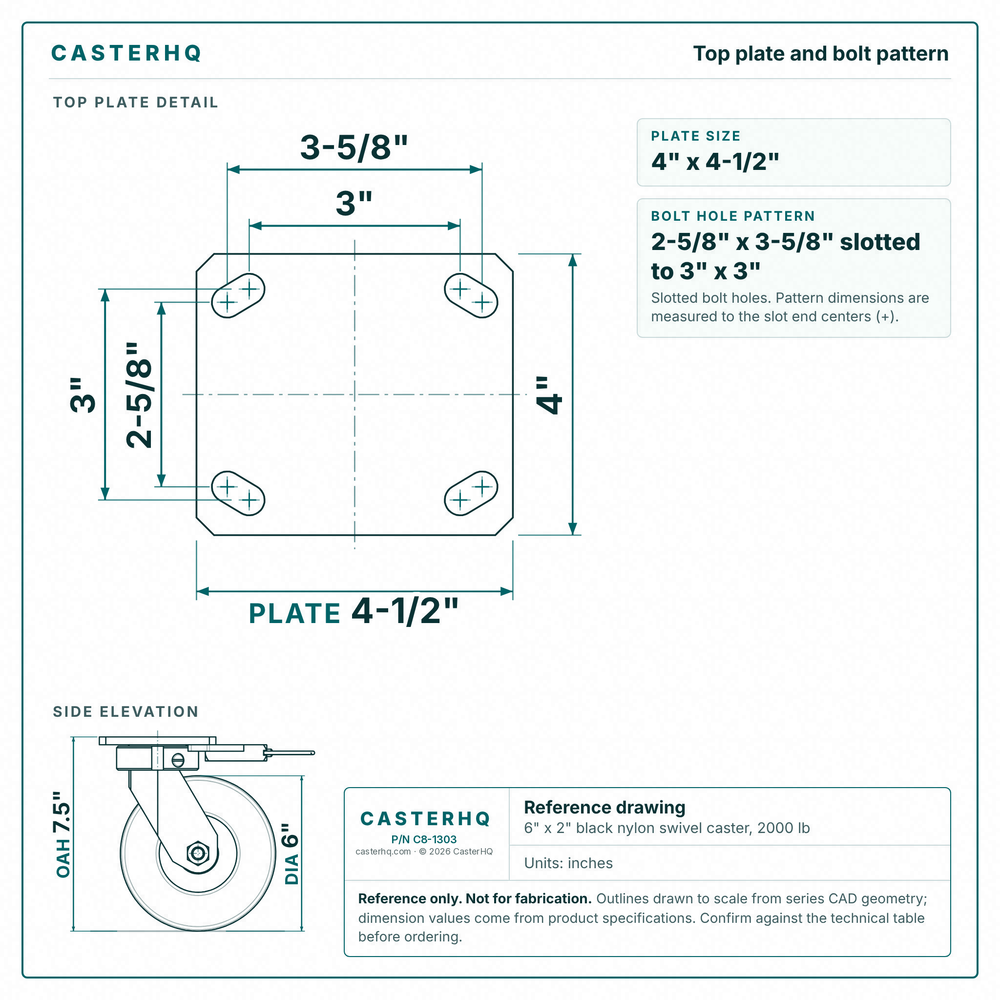 Top plate bolt pattern drawing, ["4\" x 4-1/2\""] plate, slotted bolt holes