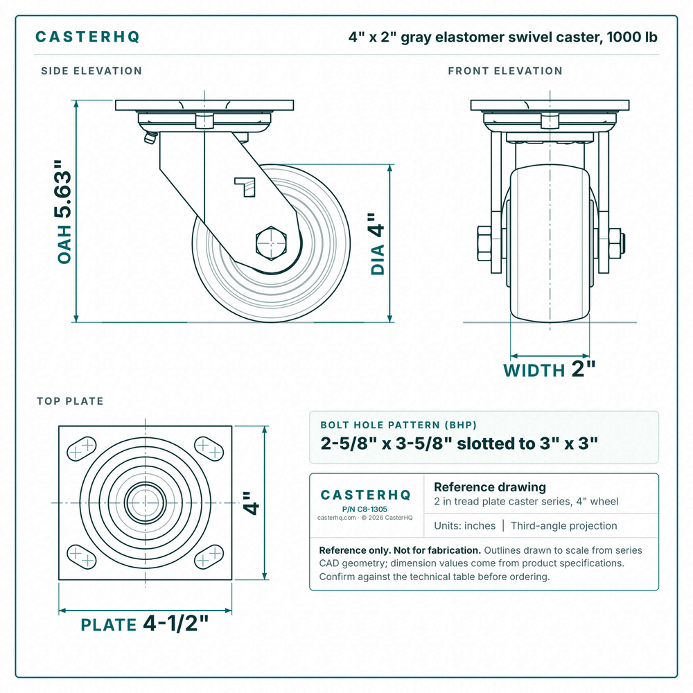 4 x 2 in gray elastomer swivel caster reference drawing, side, front and top plate views with dimensions