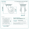 4 x 2 in gray elastomer swivel caster reference drawing, side, front and top plate views with dimensions