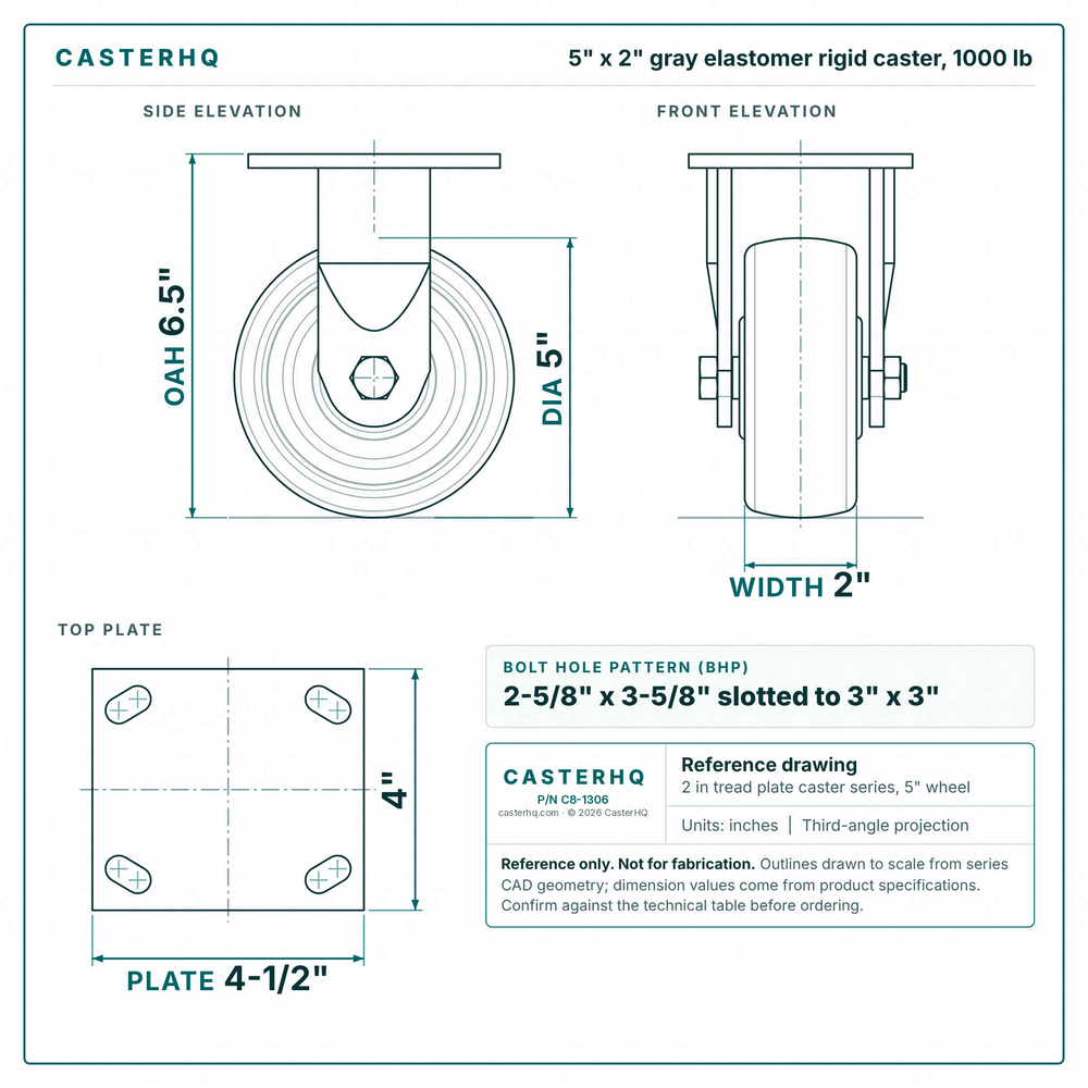5 x 2 in gray elastomer rigid caster reference drawing, side, front and top plate views with dimensions