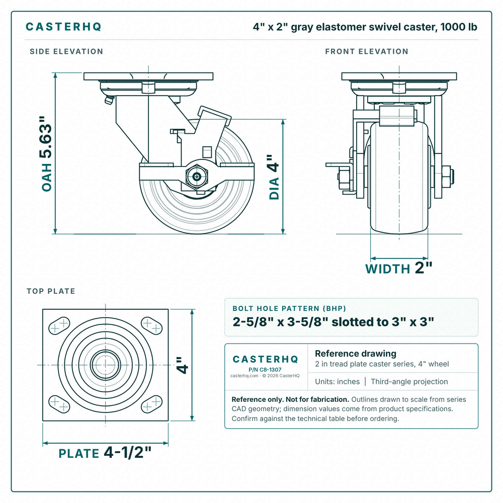 4 x 2 in gray elastomer swivel caster reference drawing, side, front and top plate views with dimensions