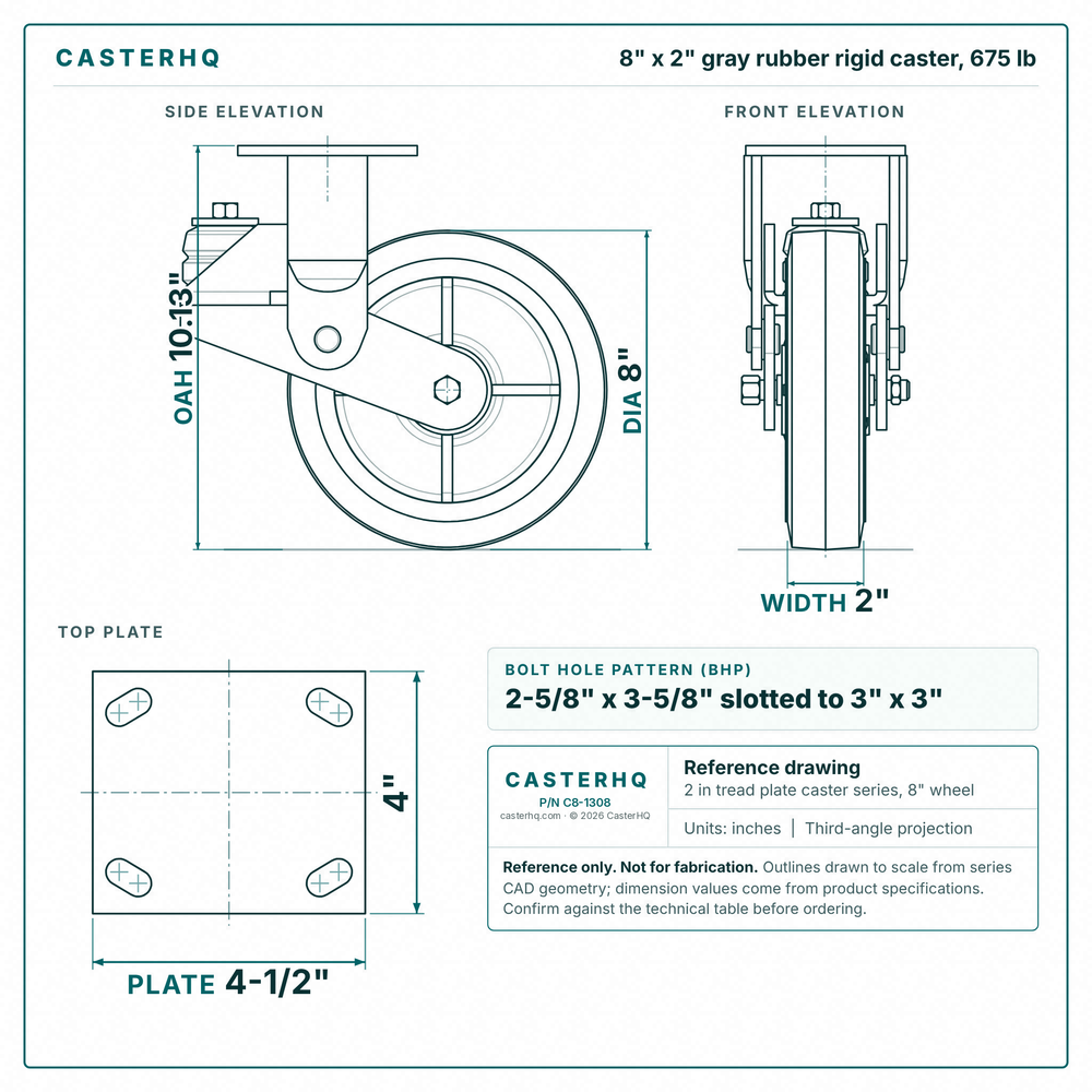 8 x 2 in gray rubber rigid caster reference drawing, side, front and top plate views with dimensions