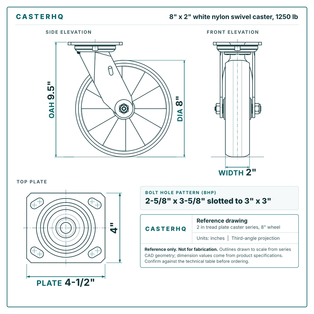 8 x 2 in white nylon swivel caster reference drawing, side, front and top plate views with dimensions