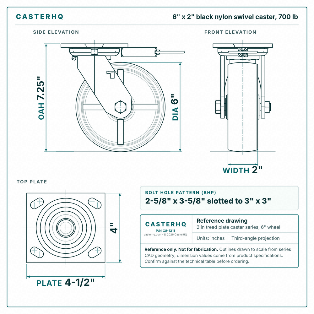 6 x 2 in black nylon swivel caster reference drawing, side, front and top plate views with dimensions
