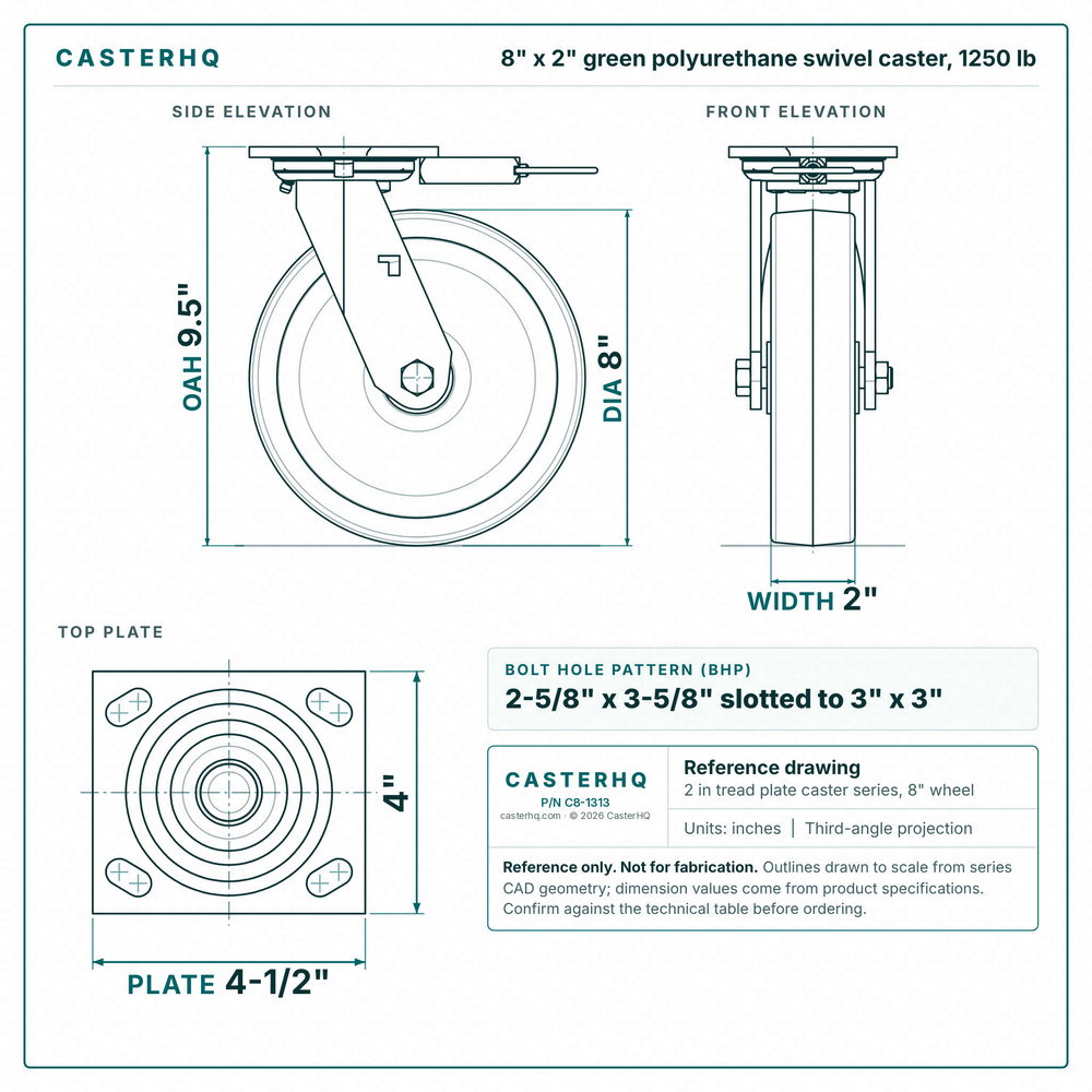 8 x 2 in green polyurethane swivel caster reference drawing, side, front and top plate views with dimensions