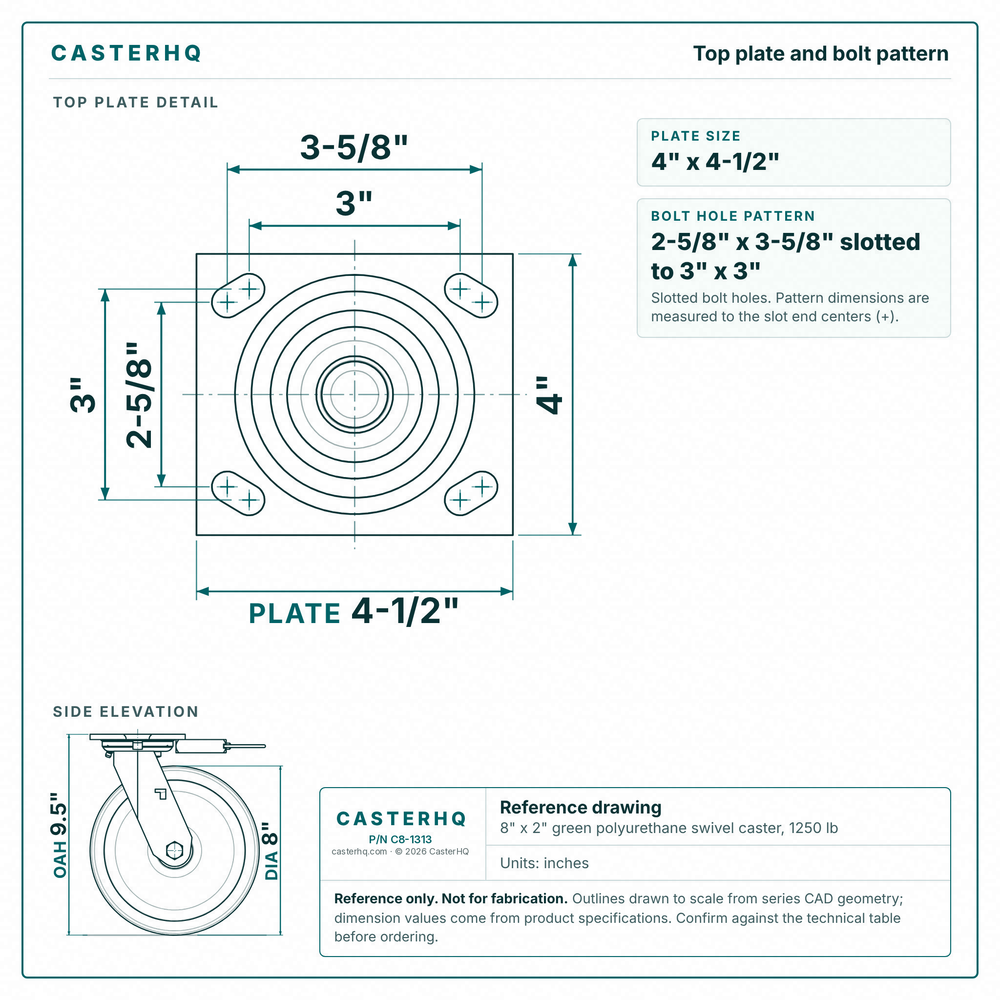 Top plate bolt pattern drawing, ["4\" x 4-1/2\""] plate, slotted bolt holes