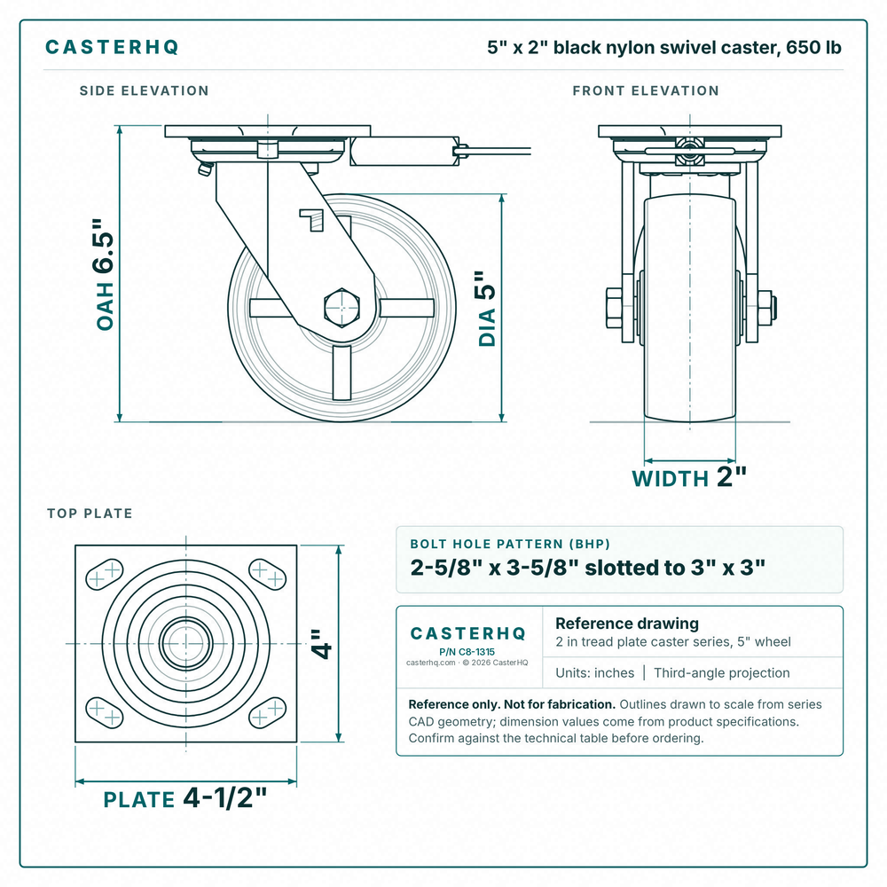 5 x 2 in black nylon swivel caster reference drawing, side, front and top plate views with dimensions