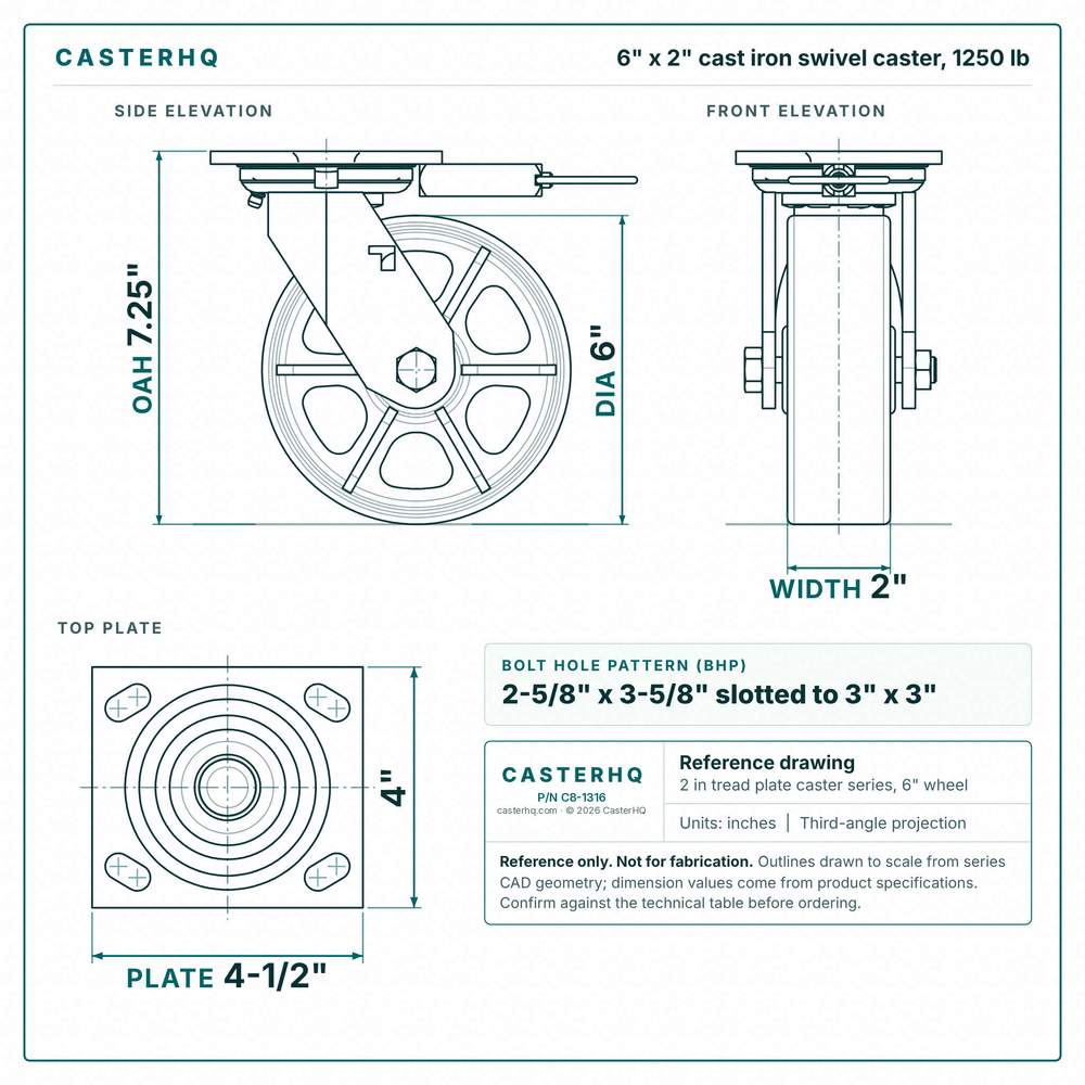 6 x 2 in cast iron swivel caster reference drawing, side, front and top plate views with dimensions
