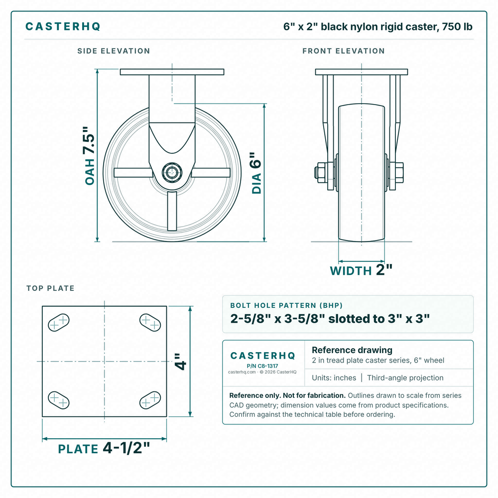 6 x 2 in black nylon rigid caster reference drawing, side, front and top plate views with dimensions