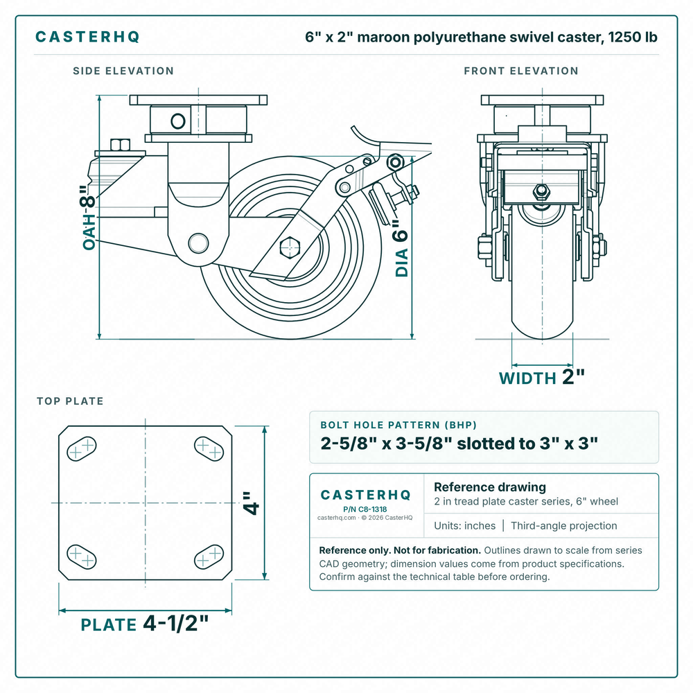 6 x 2 in maroon polyurethane swivel caster reference drawing, side, front and top plate views with dimensions