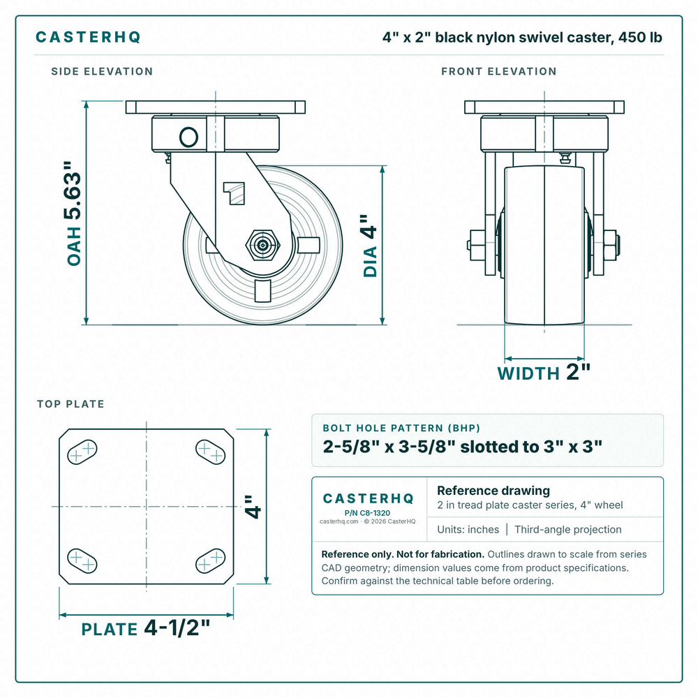 4 x 2 in black nylon swivel caster reference drawing, side, front and top plate views with dimensions