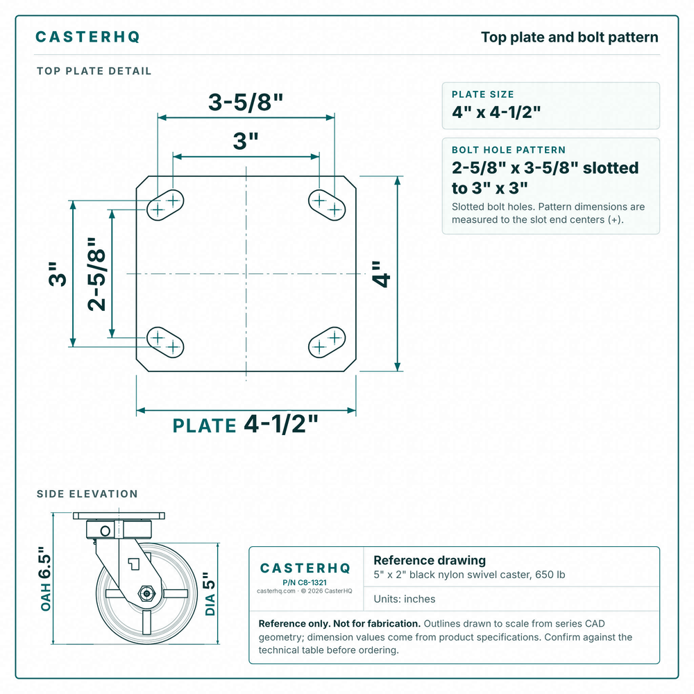Top plate bolt pattern drawing, ["4\" x 4-1/2\""] plate, slotted bolt holes