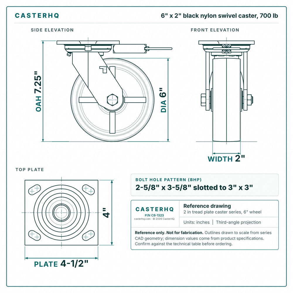 6 x 2 in black nylon swivel caster reference drawing, side, front and top plate views with dimensions