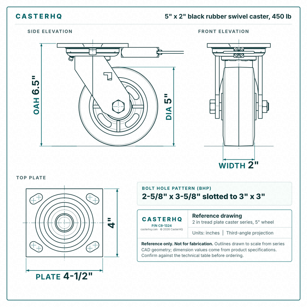 5 x 2 in black rubber swivel caster reference drawing, side, front and top plate views with dimensions