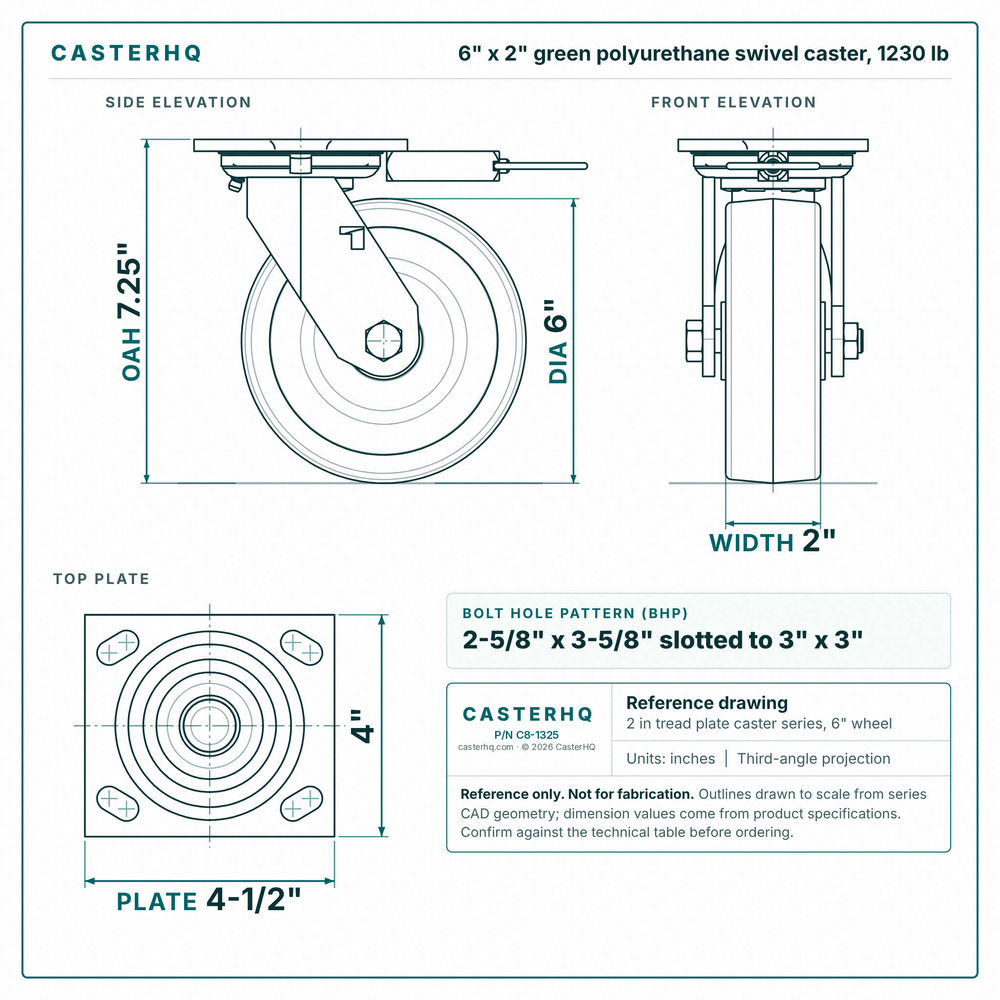 6 x 2 in green polyurethane swivel caster reference drawing, side, front and top plate views with dimensions