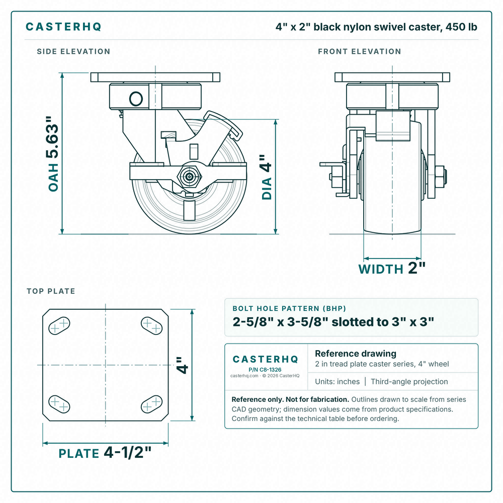4 x 2 in black nylon swivel caster reference drawing, side, front and top plate views with dimensions