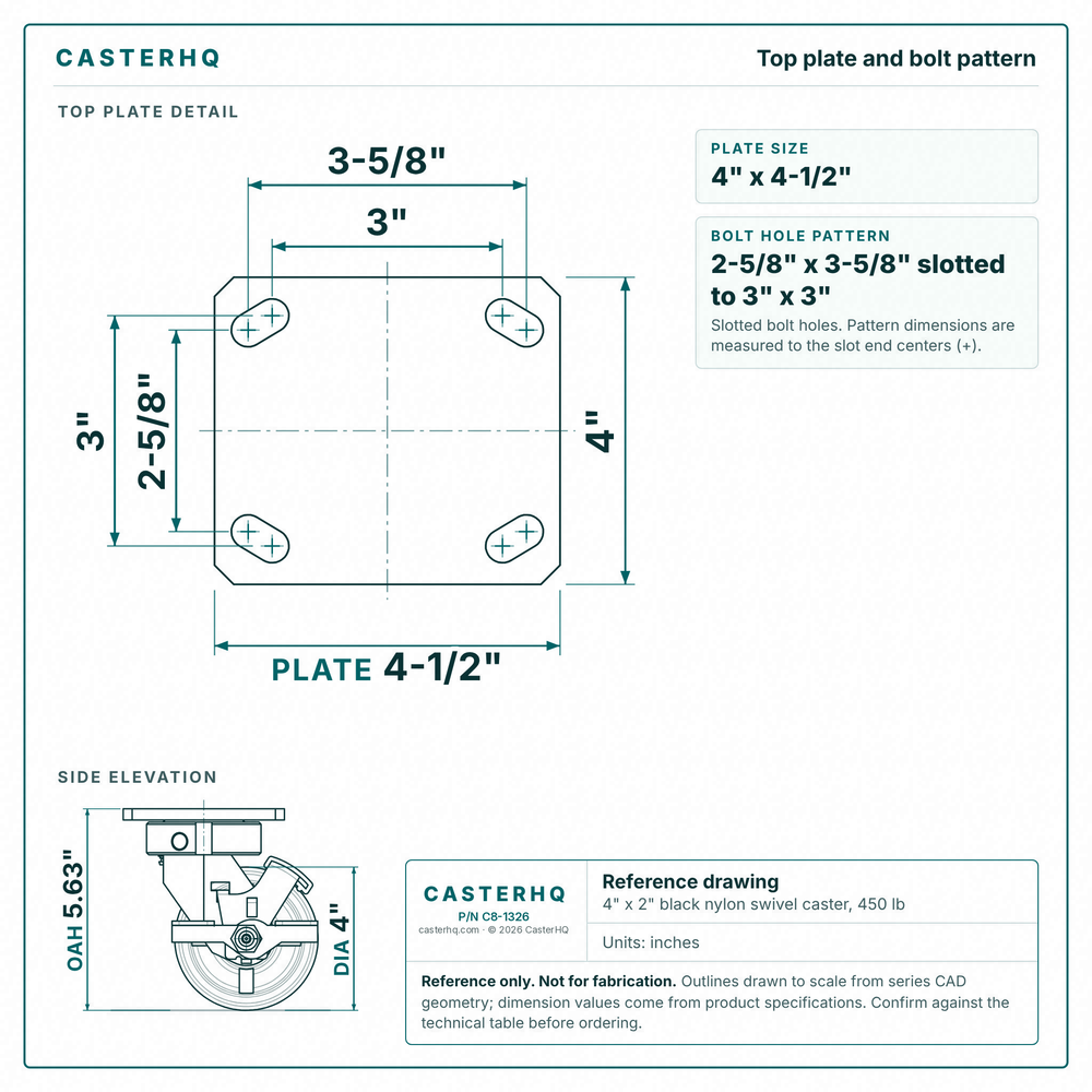 Top plate bolt pattern drawing, ["4\" x 4-1/2\""] plate, slotted bolt holes