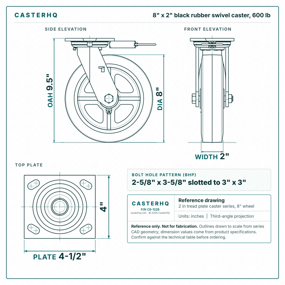 8 x 2 in black rubber swivel caster reference drawing, side, front and top plate views with dimensions