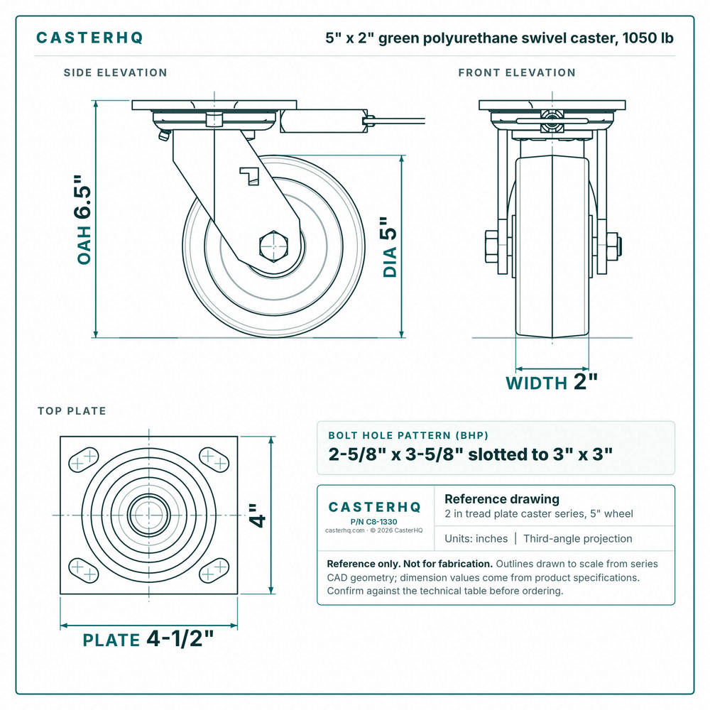 5 x 2 in green polyurethane swivel caster reference drawing, side, front and top plate views with dimensions