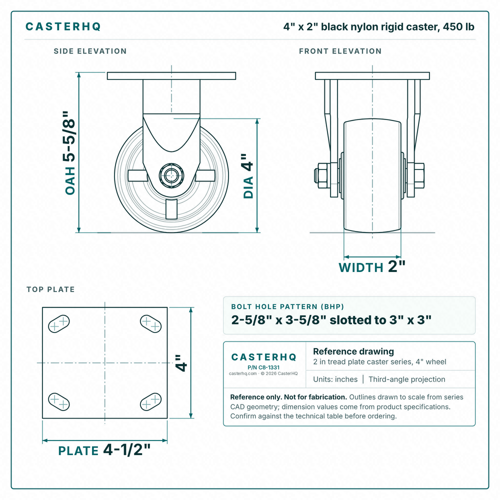 4 x 2 in black nylon rigid caster reference drawing, side, front and top plate views with dimensions