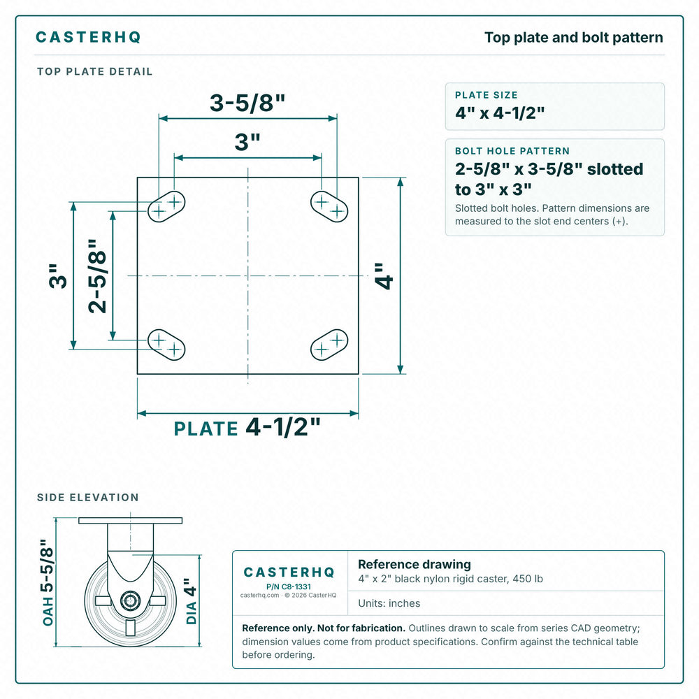 Top plate bolt pattern drawing, ["4\" x 4-1/2\""] plate, slotted bolt holes