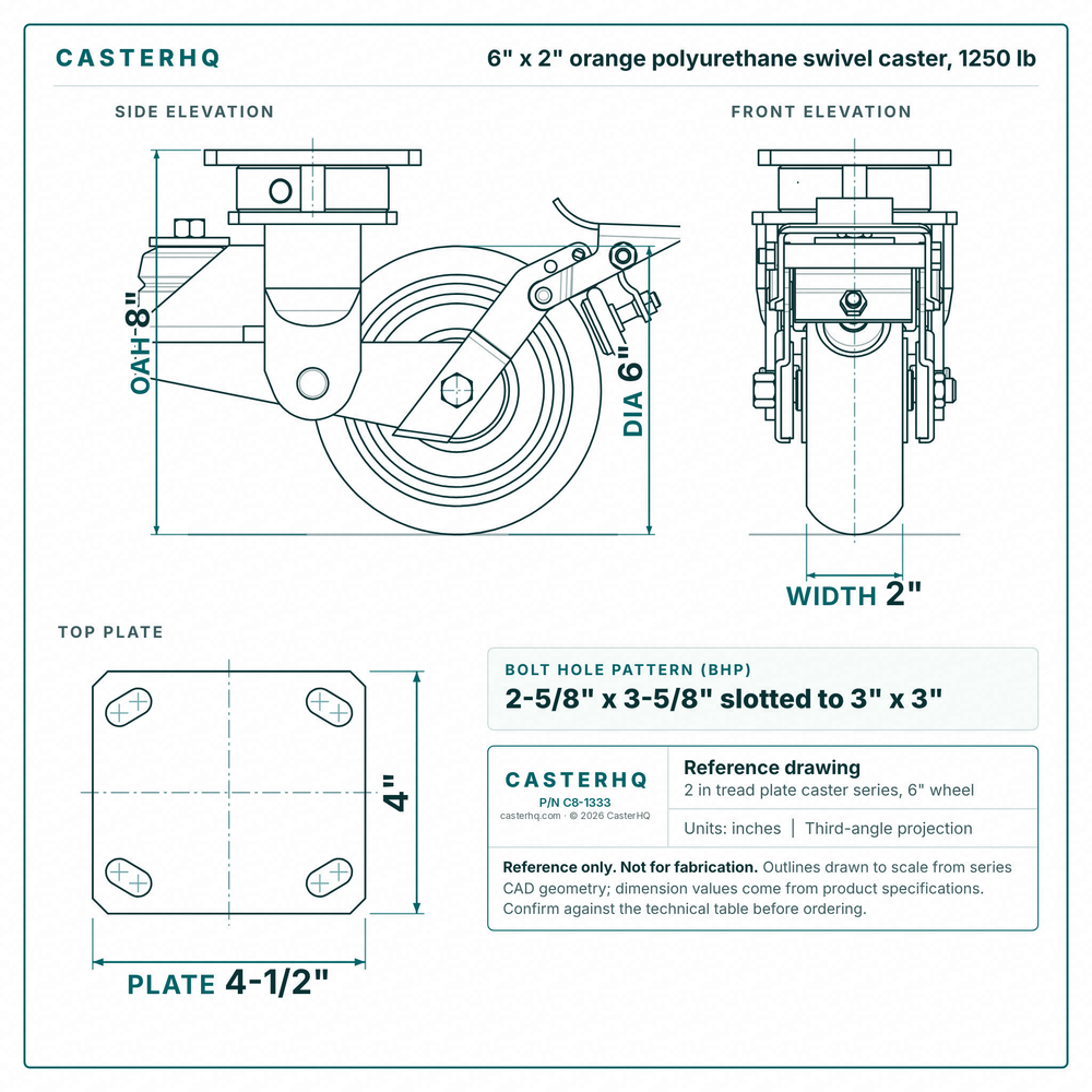 6 x 2 in orange polyurethane swivel caster reference drawing, side, front and top plate views with dimensions