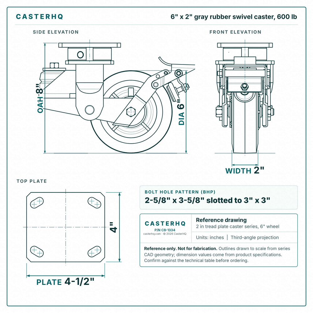 6 x 2 in gray rubber swivel caster reference drawing, side, front and top plate views with dimensions