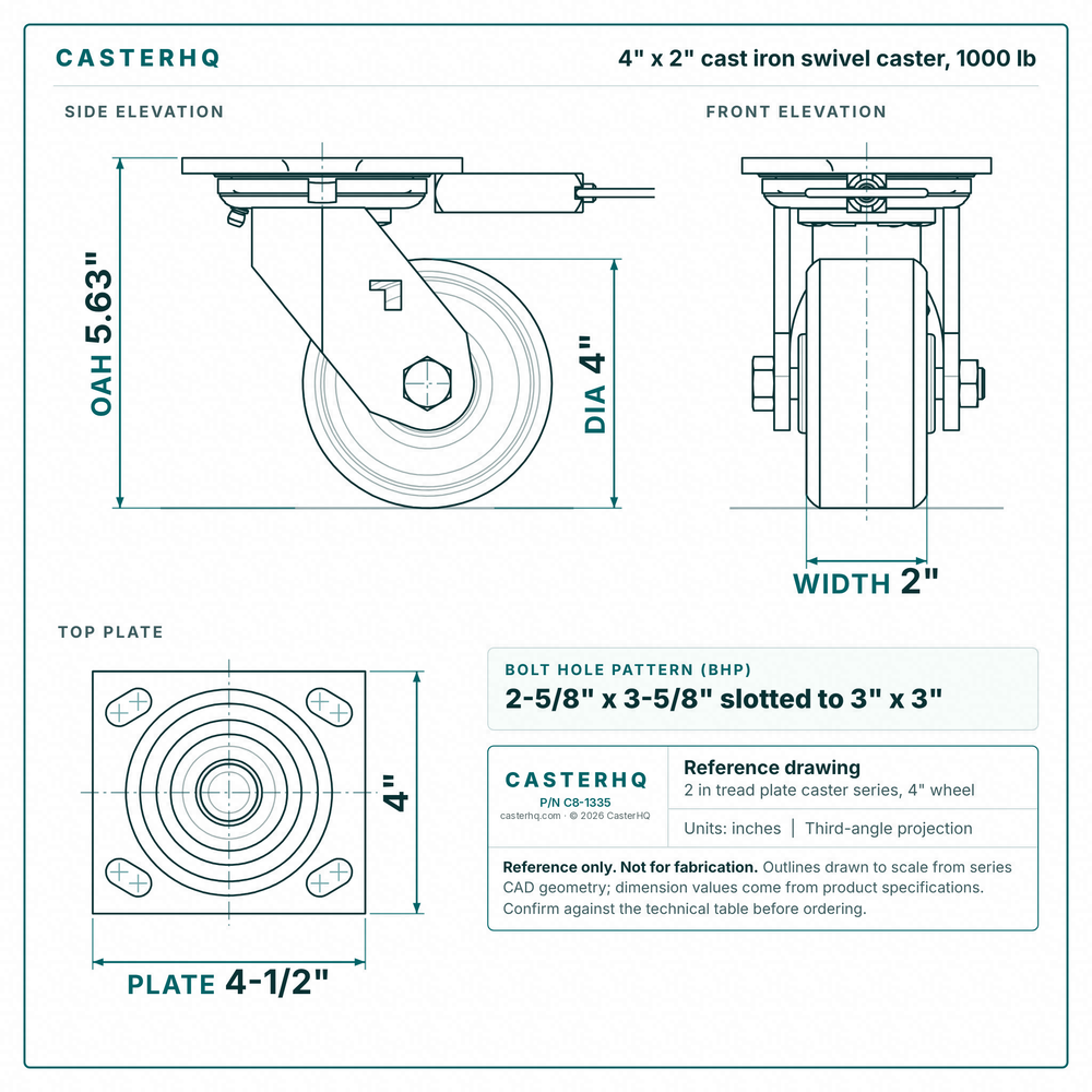 4 x 2 in cast iron swivel caster reference drawing, side, front and top plate views with dimensions