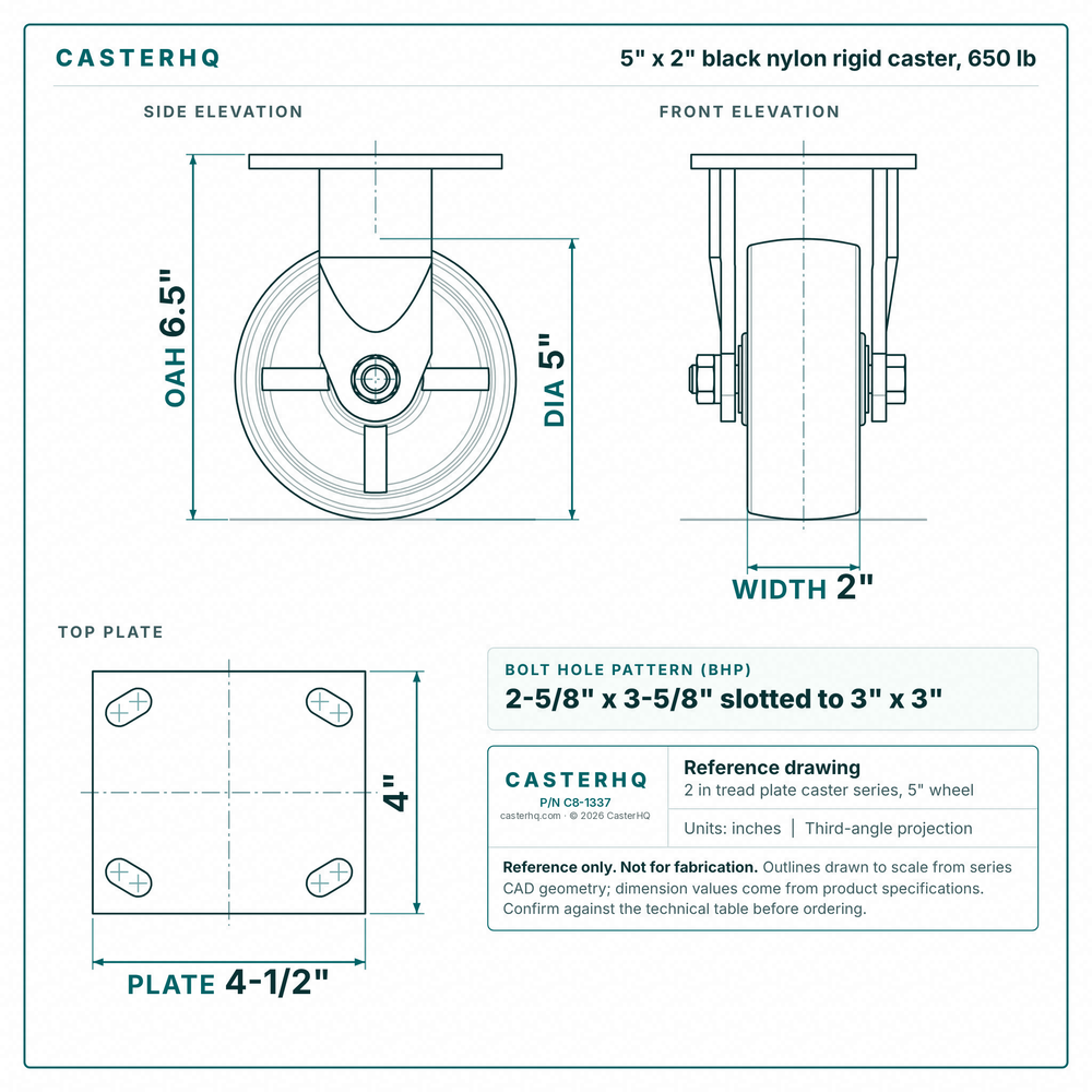 5 x 2 in black nylon rigid caster reference drawing, side, front and top plate views with dimensions