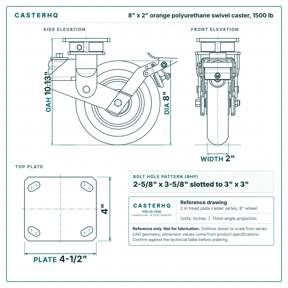8 x 2 in orange polyurethane swivel caster reference drawing, side, front and top plate views with dimensions